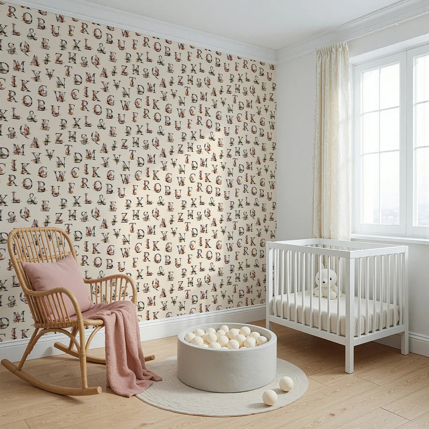 Angled view of Whimsy Tots' Rustic Alphabet Adventure in Oat (W3359C).Nature-filled letters bloom gently on warm oat skies.