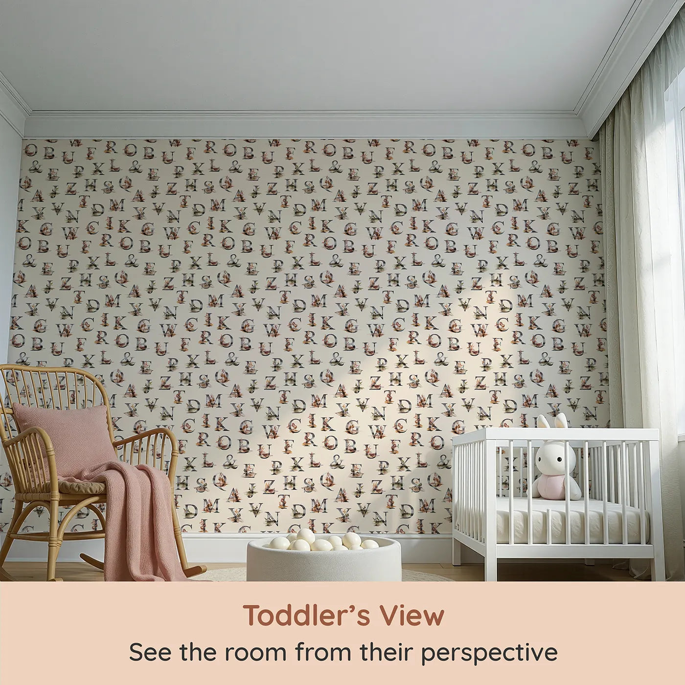 Whimsy Tots Rustic Alphabet Adventure in Oat (W3359C) from your child's view.Nature-filled letters bloom gently on warm oat skies.