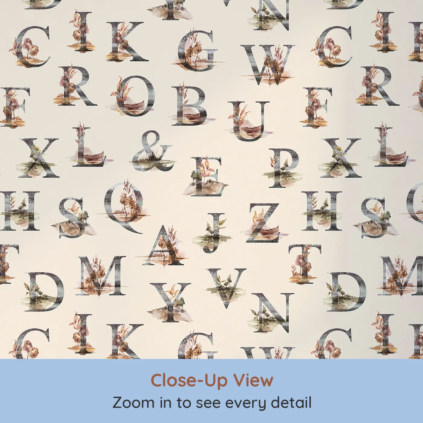 Close-up view of Whimsy Tots' Rustic Alphabet Adventure in Oat (W3359C).Nature-filled letters bloom gently on warm oat skies.