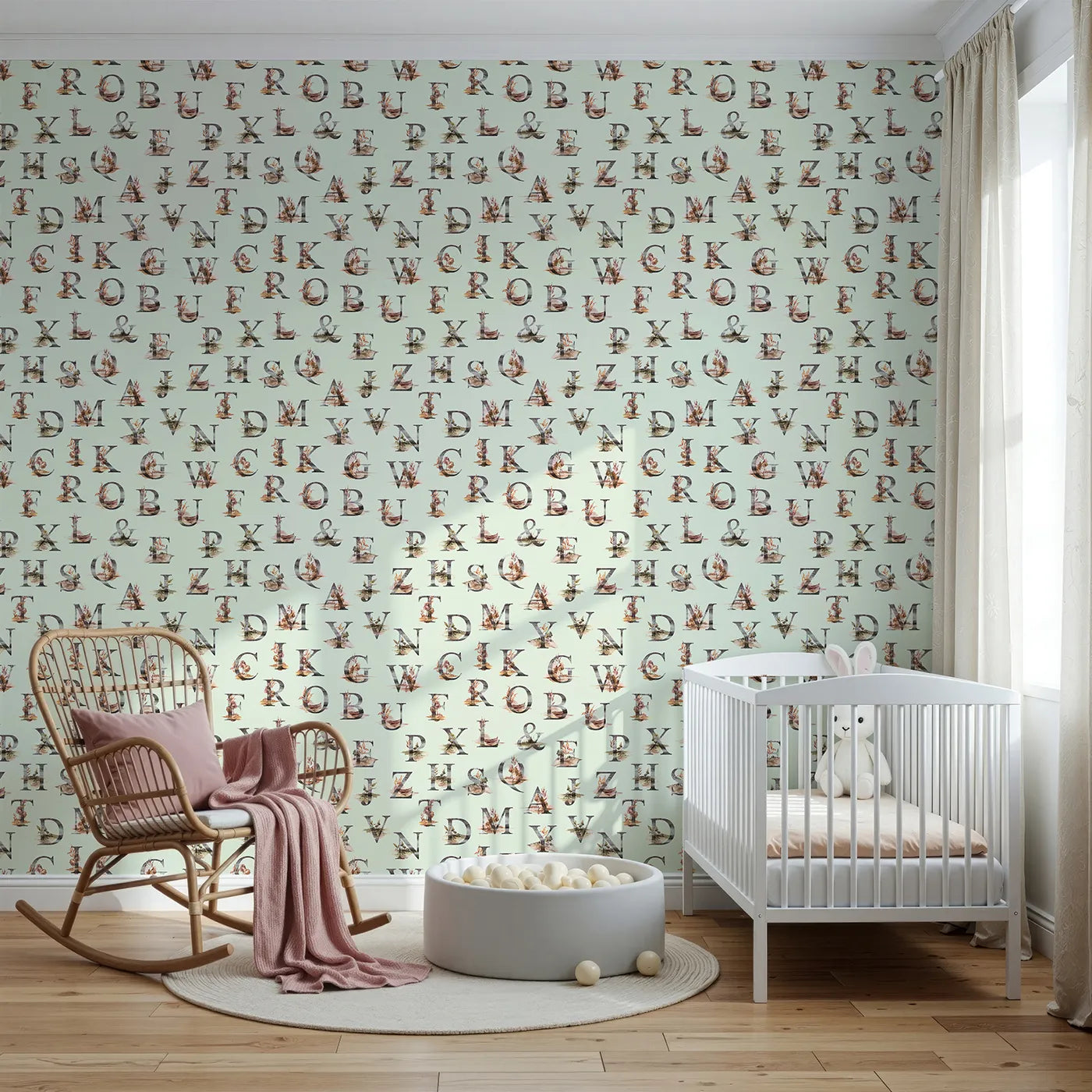 Front view of Whimsy Tots' Rustic Alphabet Adventure in Mint Green