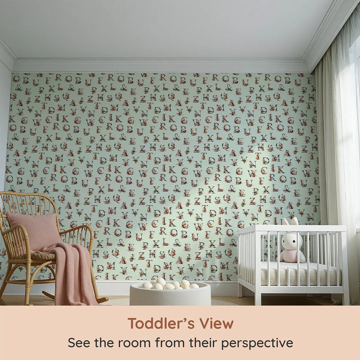 Whimsy Tots Rustic Alphabet Adventure in Mint Green (W3359D) from your child's view.Nature-themed letters bloom gently on soft minty skies.