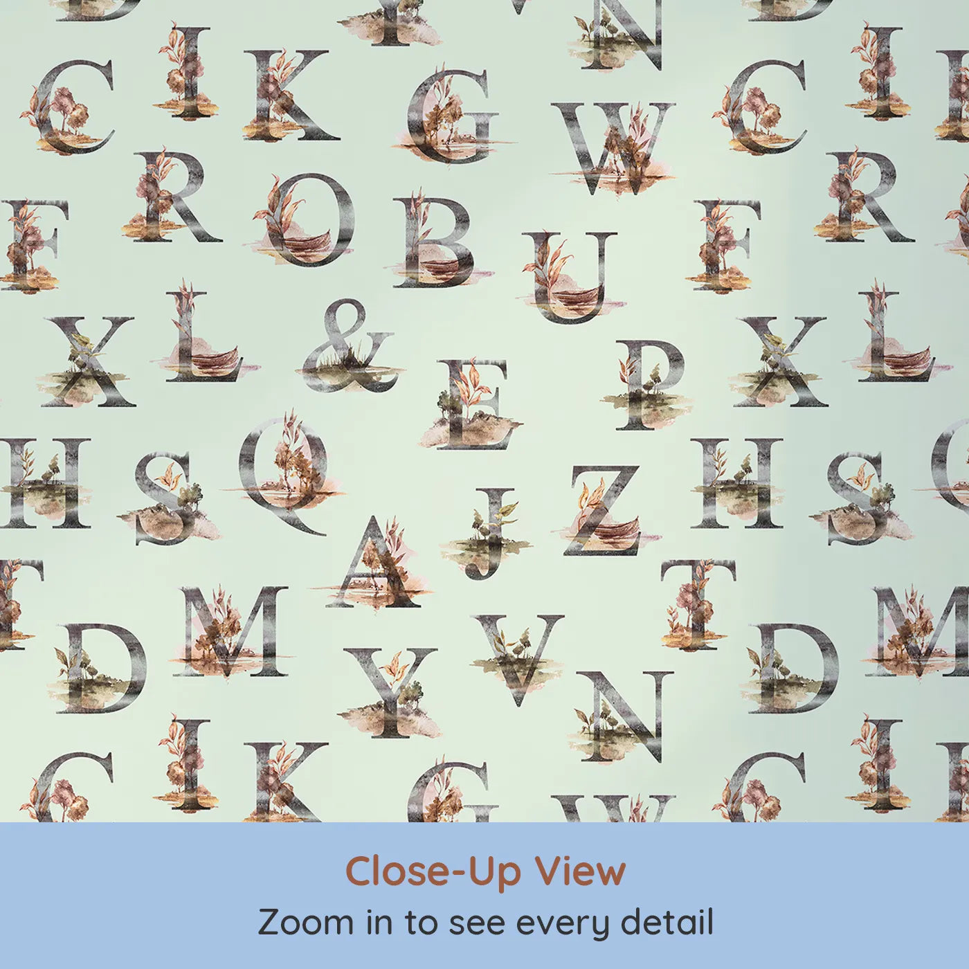 Close-up view of Whimsy Tots' Rustic Alphabet Adventure in Mint Green (W3359D).Nature-themed letters bloom gently on soft minty skies.