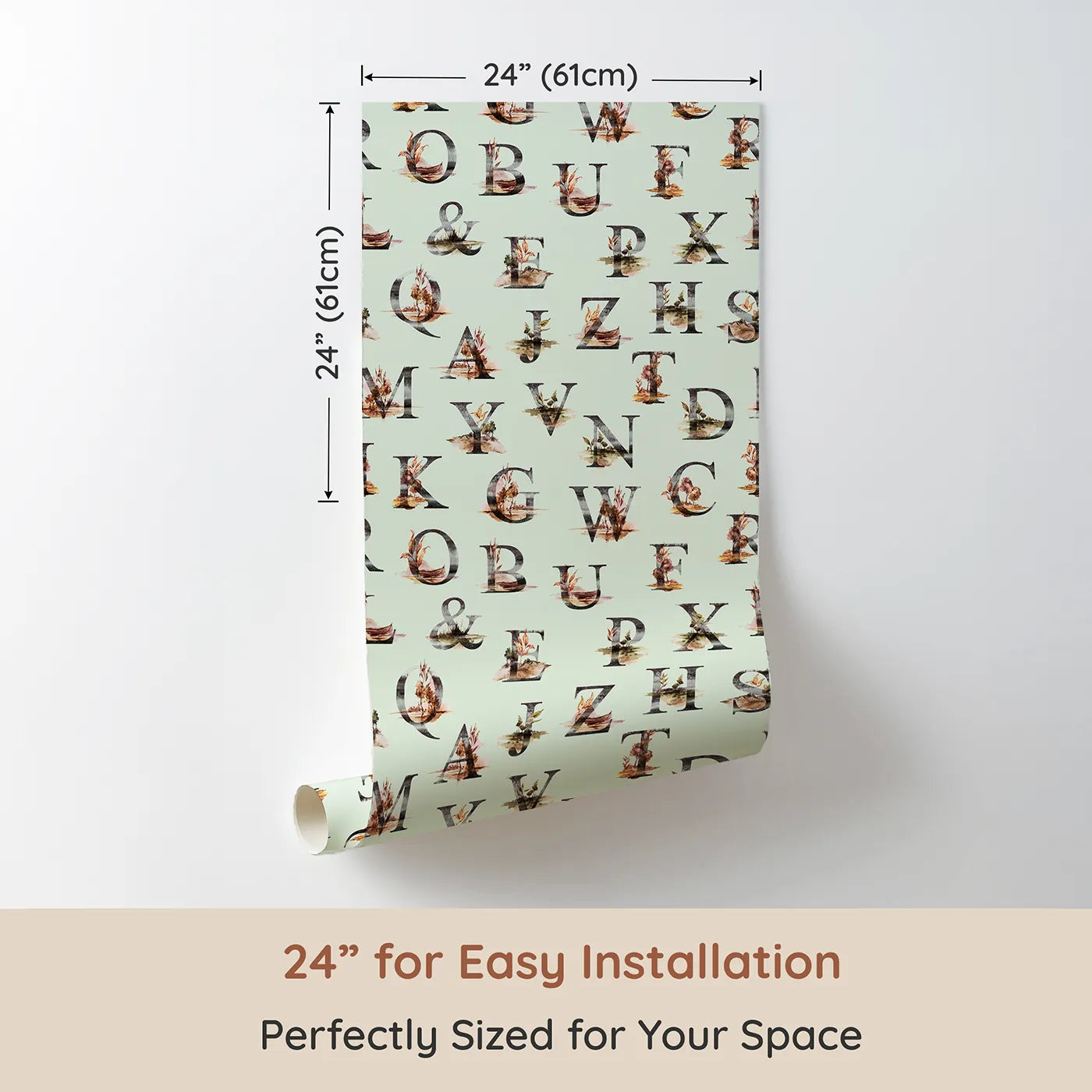 Dimension view of Whimsy Tots Rustic Alphabet Adventure in Mint Green (W3359D). Printed in 24-inch-wide panel for easy installation. Nature-themed letters bloom gently on soft minty skies.
