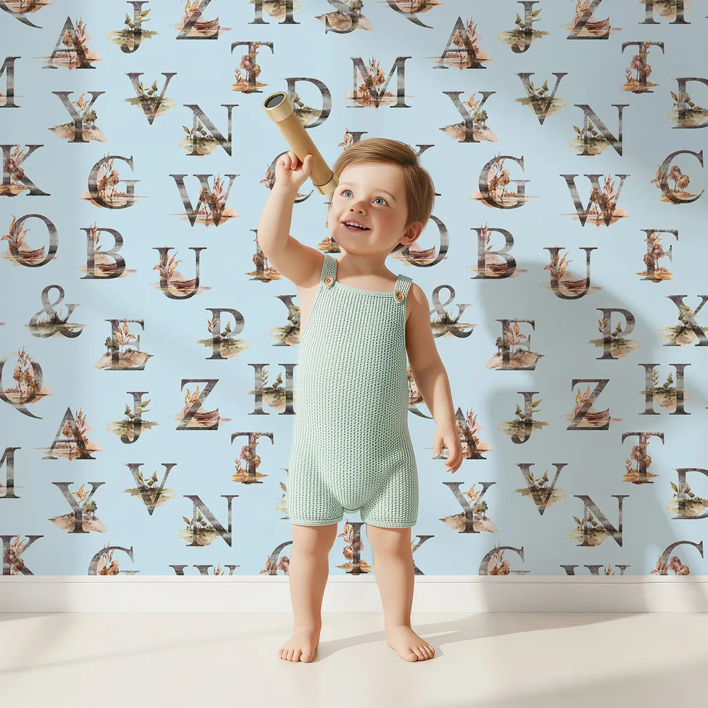 Lovely child standing in front of Whimsy Tots Rustic Alphabet Adventure in Sky with letter, alphabet, tree, boat, plant in design.