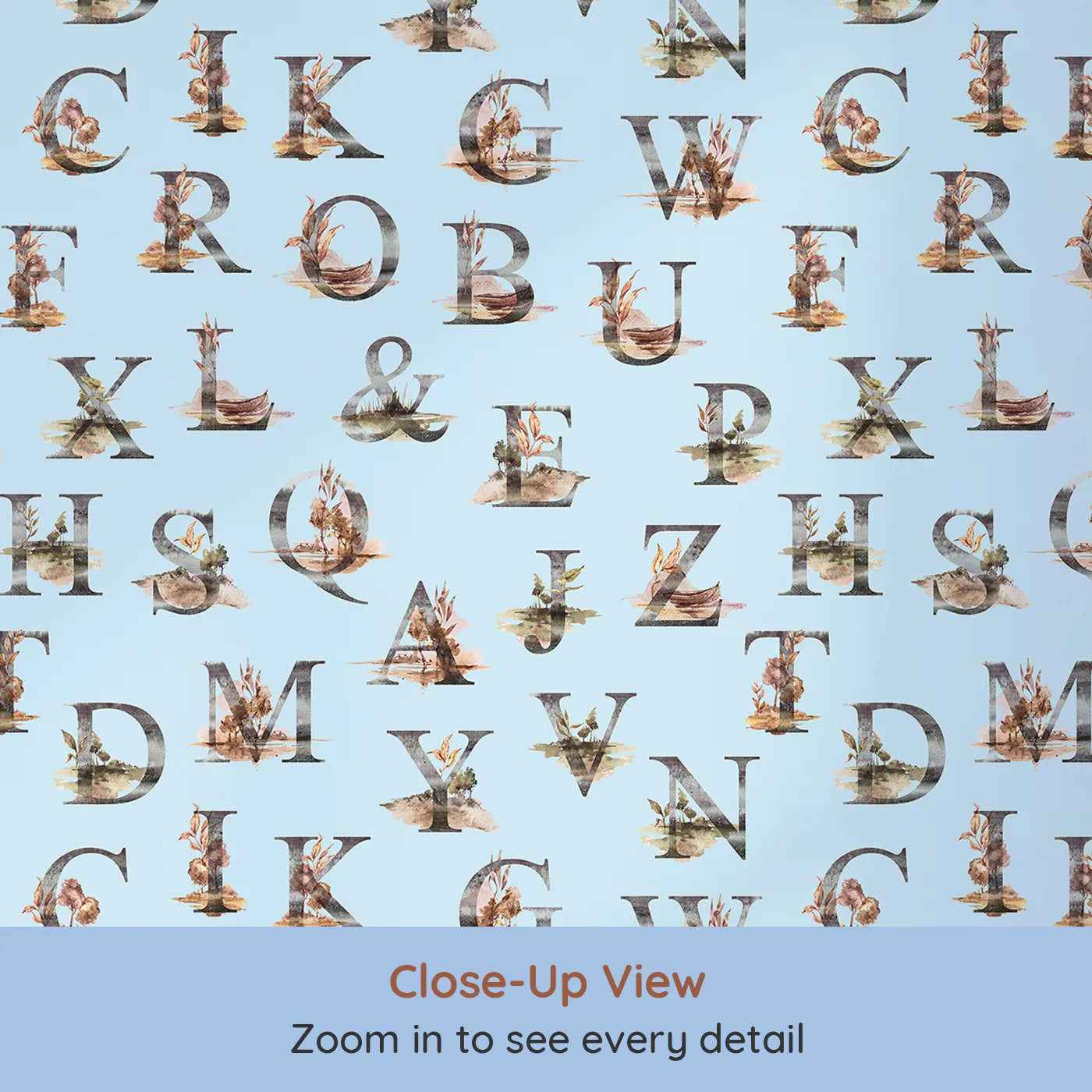 Close-up view of Whimsy Tots' Rustic Alphabet Adventure in Sky (W3359E).Woodland letters float softly across sky-blue dreams.