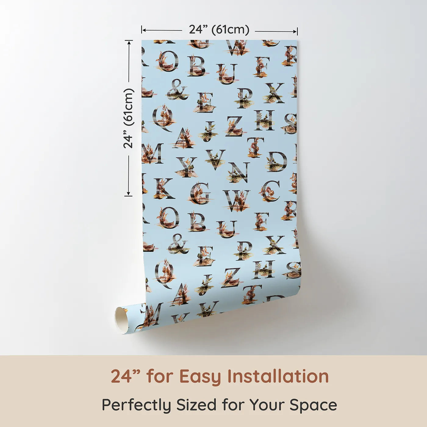Dimension view of Whimsy Tots Rustic Alphabet Adventure in Sky (W3359E). Printed in 24-inch-wide panel for easy installation. Woodland letters float softly across sky-blue dreams.