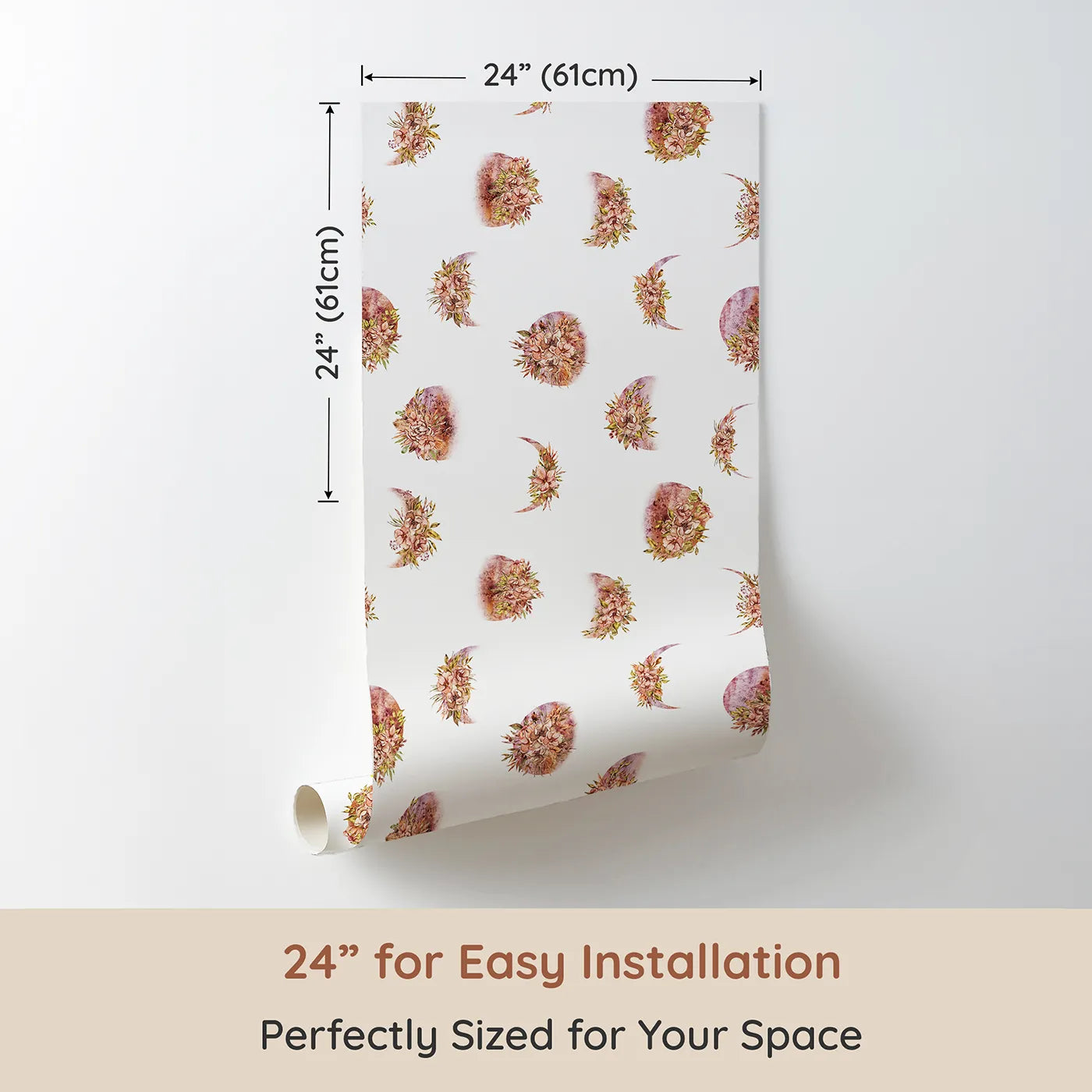 Dimension view of Whimsy Tots Moonlit Floral Whispers in White (W3360A). Printed in 24-inch-wide panel for easy installation. Watercolor moons bloom gently with soft pink florals.