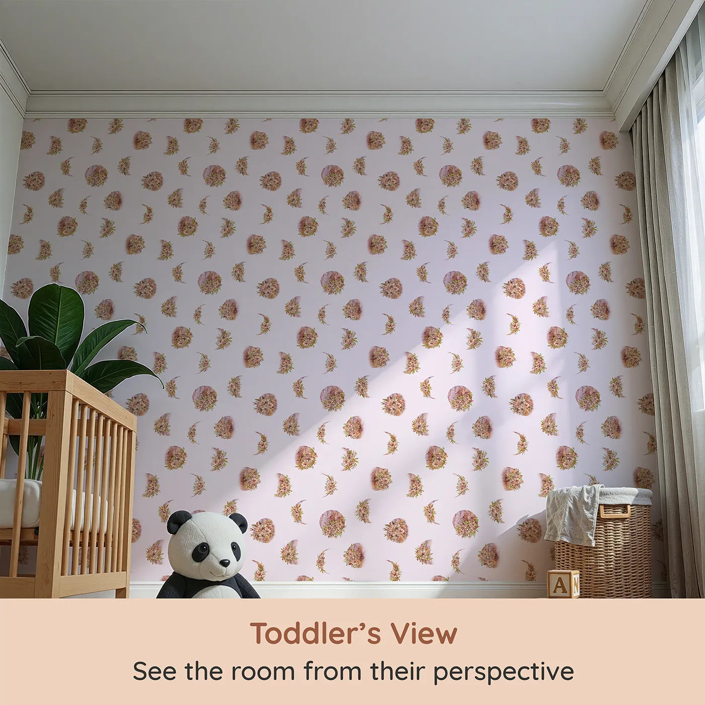 Whimsy Tots Moonlit Floral Whispers in Blush Pink (W3360B) from your child's view.Crescent moons bloom softly with blush-toned florals.