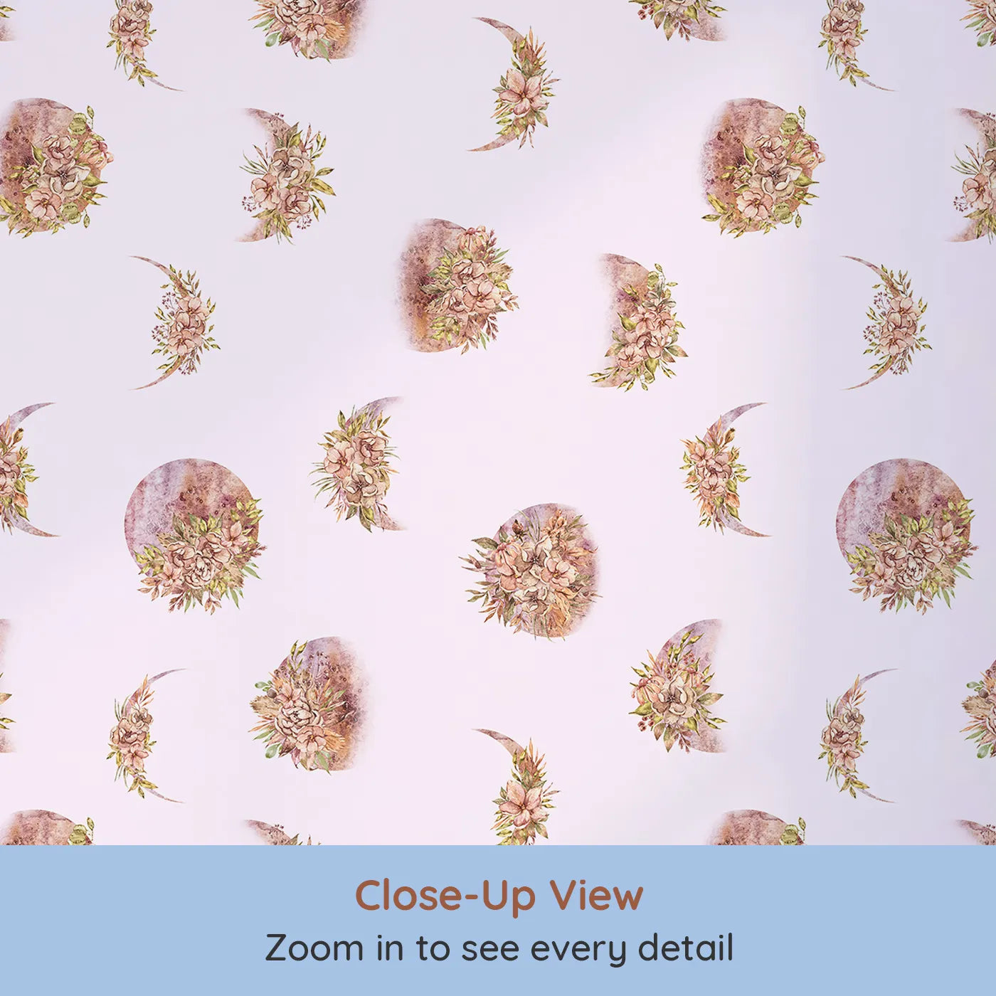 Close-up view of Whimsy Tots' Moonlit Floral Whispers in Blush Pink (W3360B).Crescent moons bloom softly with blush-toned florals.
