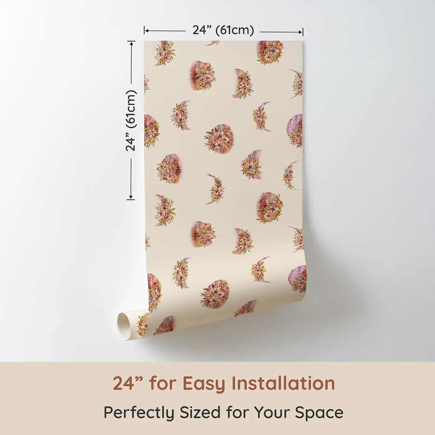 Dimension view of Whimsy Tots Moonlit Floral Whispers in Sand (W3360C). Printed in 24-inch-wide panel for easy installation. Peach-toned moons bloom gently with rustic florals.