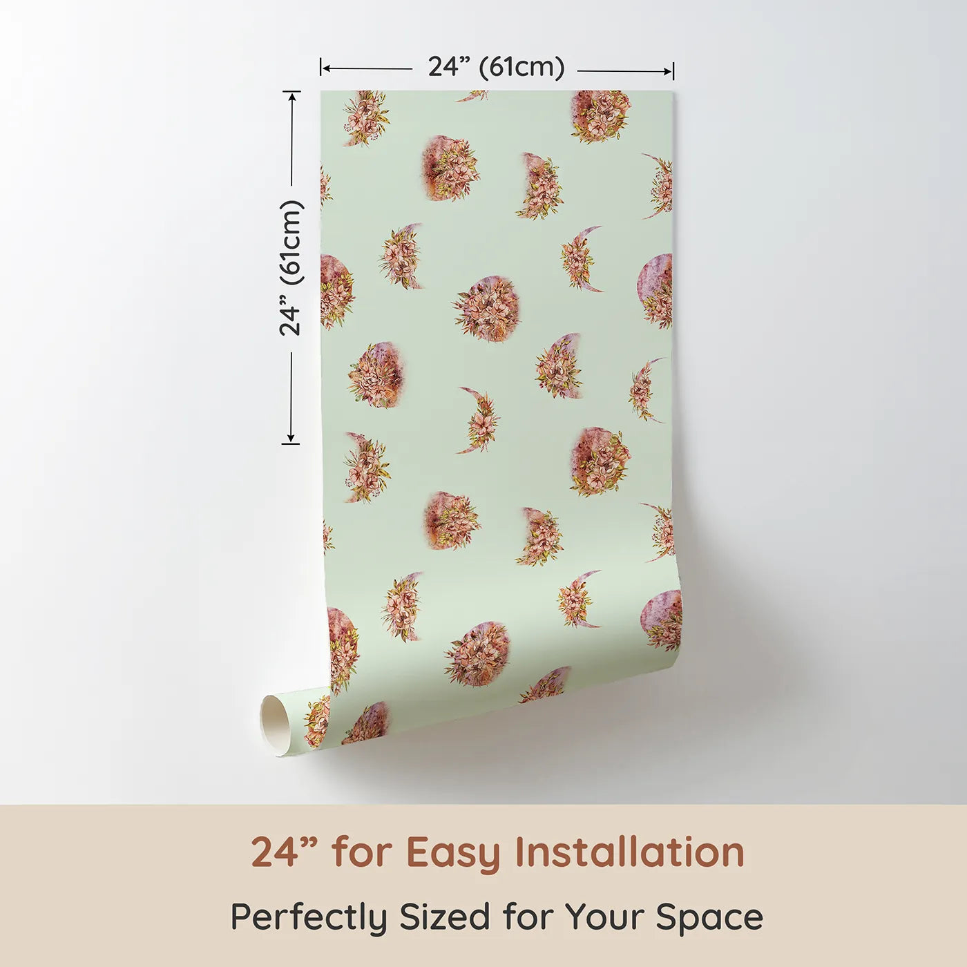 Dimension view of Whimsy Tots Moonlit Floral Whispers in Mint Green (W3360D). Printed in 24-inch-wide panel for easy installation. Pink florals rest softly on watercolor moons in minty skies.