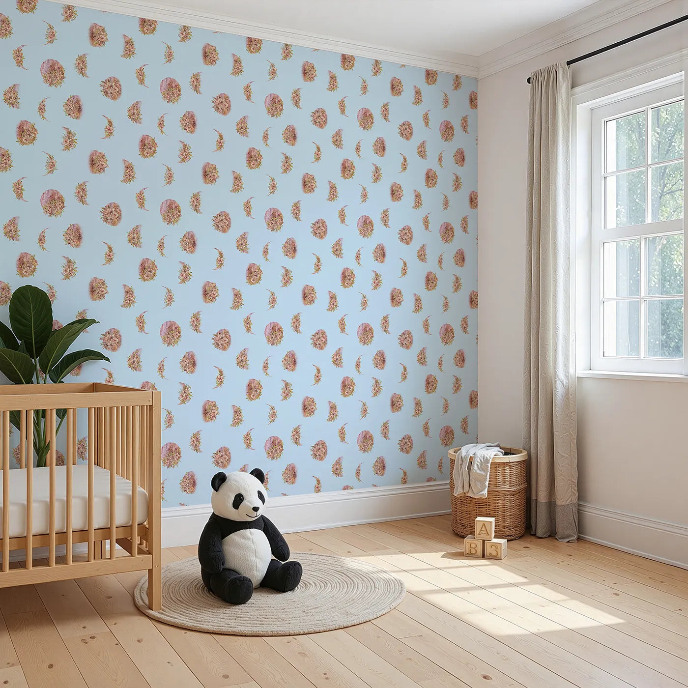 Angled view of Whimsy Tots' Moonlit Floral Whispers in Sky (W3360E).Watercolor moons and florals drift peacefully through blue skies.