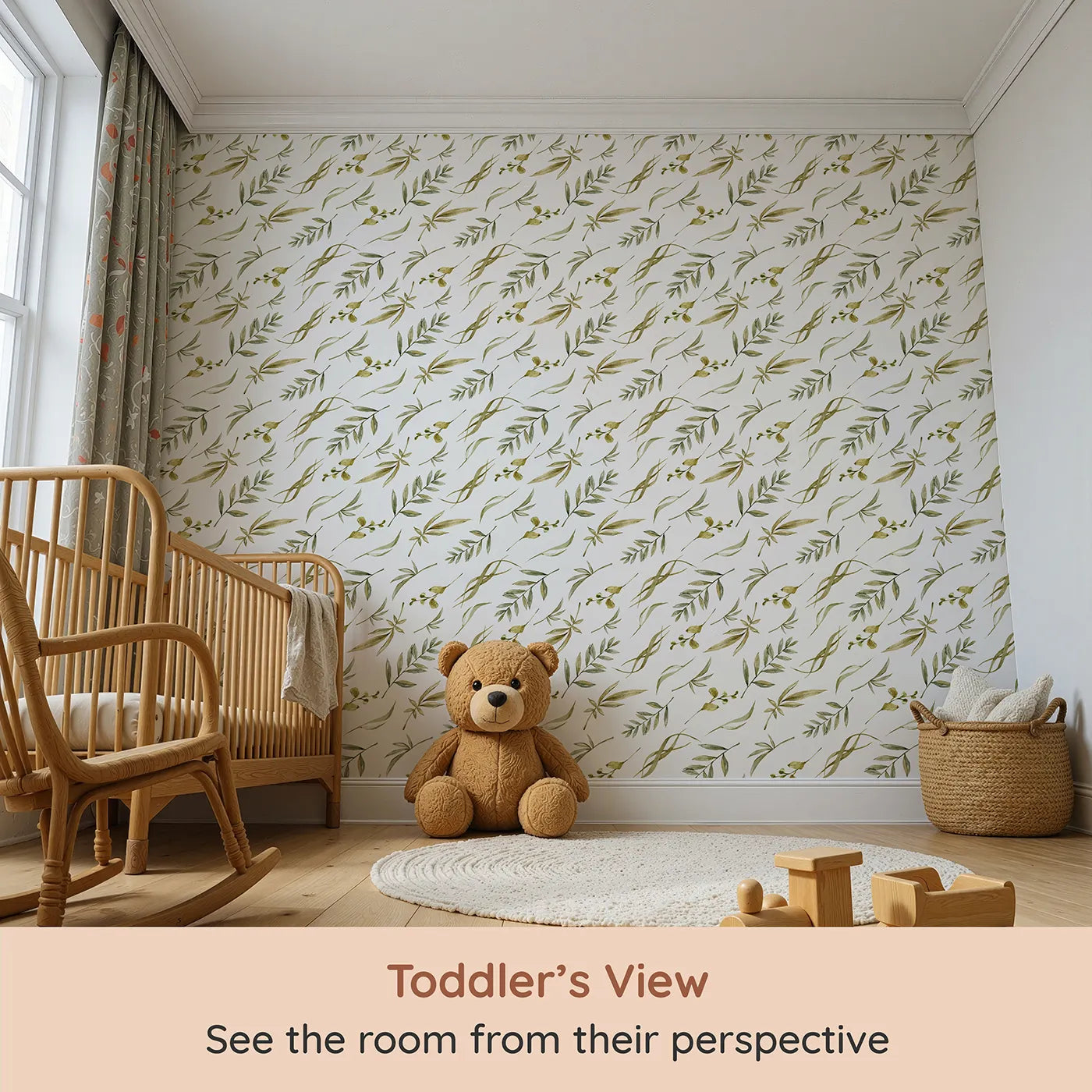 Whimsy Tots Botanical Breeze Wallpaper in White (W3361A) from your child's view.Soft watercolor leaves flutter across a crisp white sky.