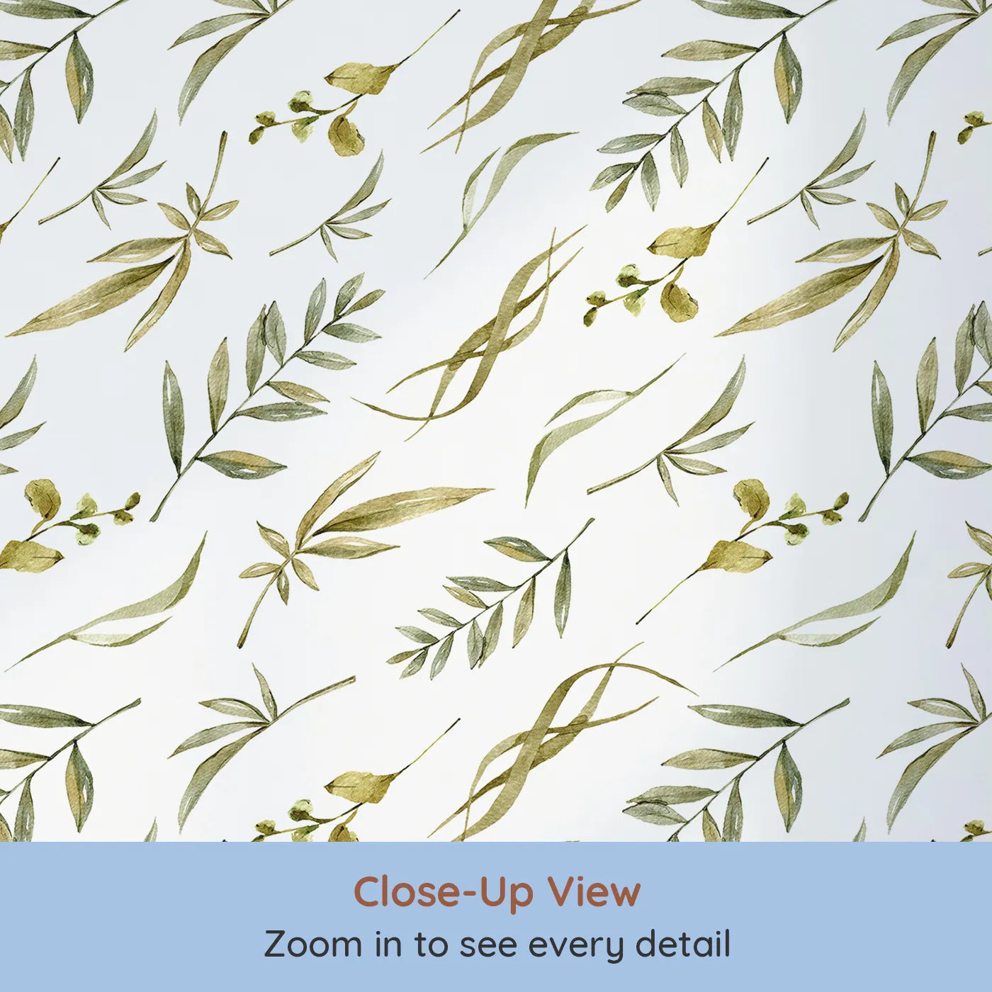 Close-up view of Whimsy Tots' Botanical Breeze Wallpaper in White (W3361A).Soft watercolor leaves flutter across a crisp white sky.