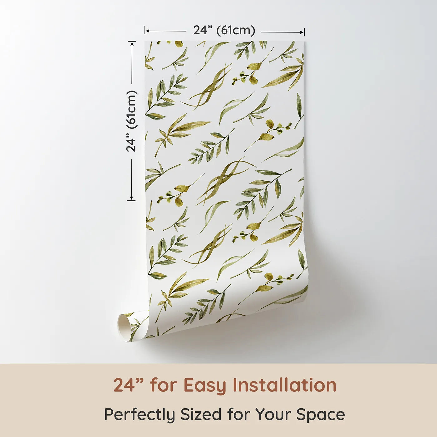 Dimension view of Whimsy Tots Botanical Breeze Wallpaper in White (W3361A). Printed in 24-inch-wide panel for easy installation. Soft watercolor leaves flutter across a crisp white sky.