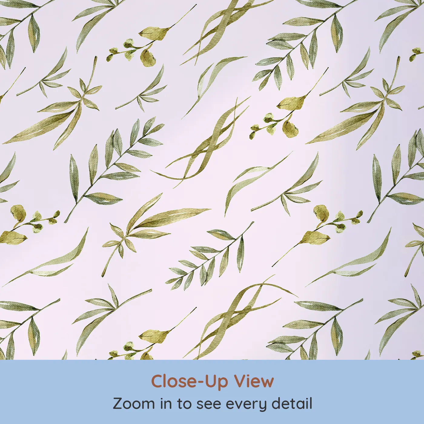 Close-up view of Whimsy Tots' Botanical Breeze Wallpaper in Blush Pink (W3361B).Watercolor greenery dances gently on a pink-tinted sky.