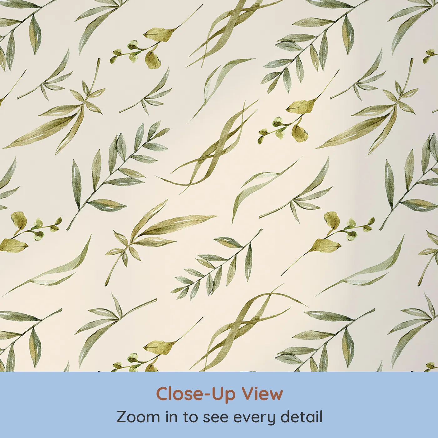 Close-up view of Whimsy Tots' Botanical Breeze Wallpaper in Cream (W3361C).Botanical sprigs drift peacefully across a warm cream sky.