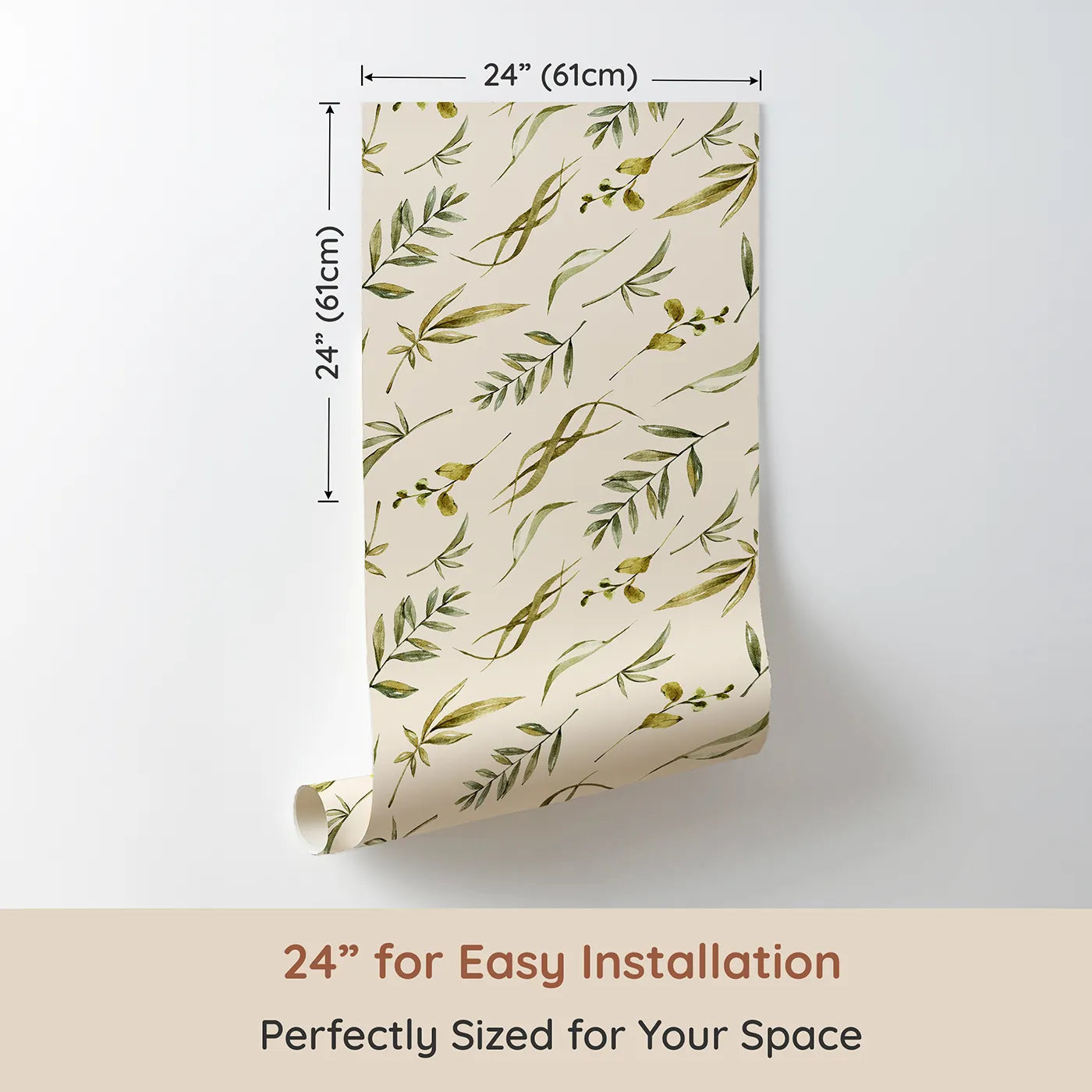 Dimension view of Whimsy Tots Botanical Breeze Wallpaper in Cream (W3361C). Printed in 24-inch-wide panel for easy installation. Botanical sprigs drift peacefully across a warm cream sky.