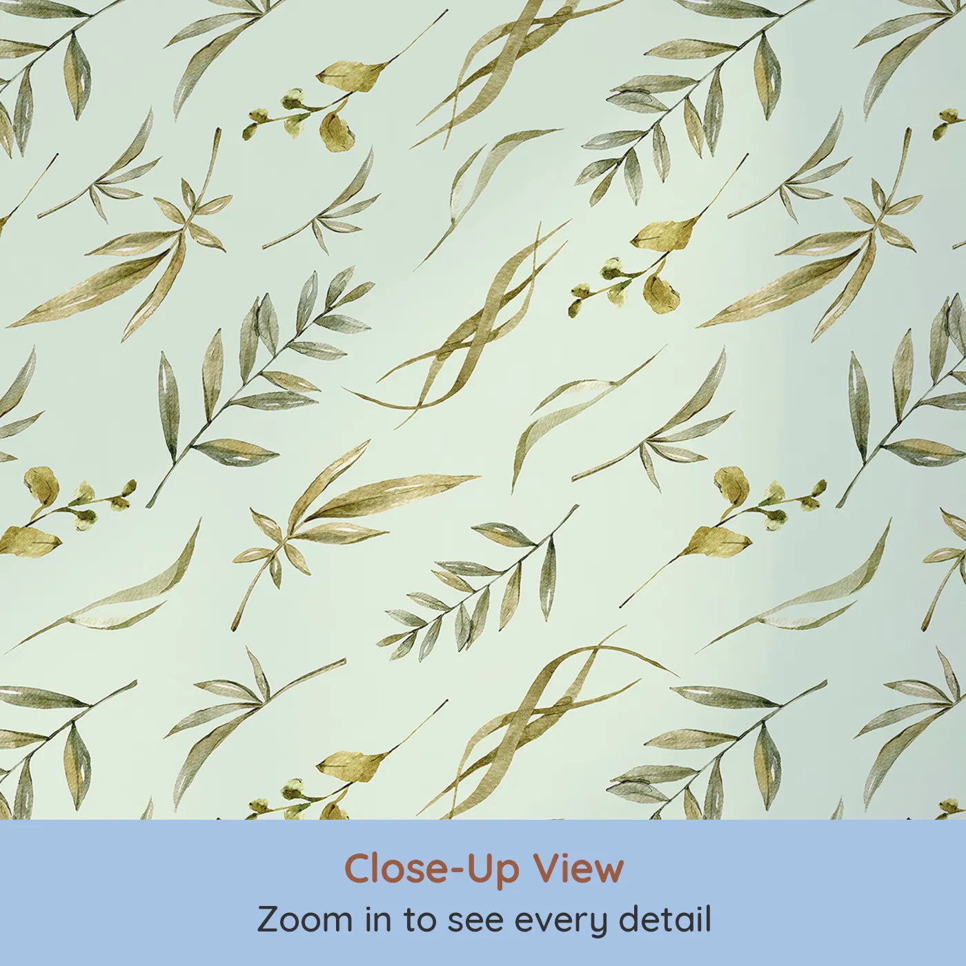 Close-up view of Whimsy Tots' Botanical Breeze Wallpaper in Mint Green (W3361D).Watercolor leaves sway gently on a cool minty sky.