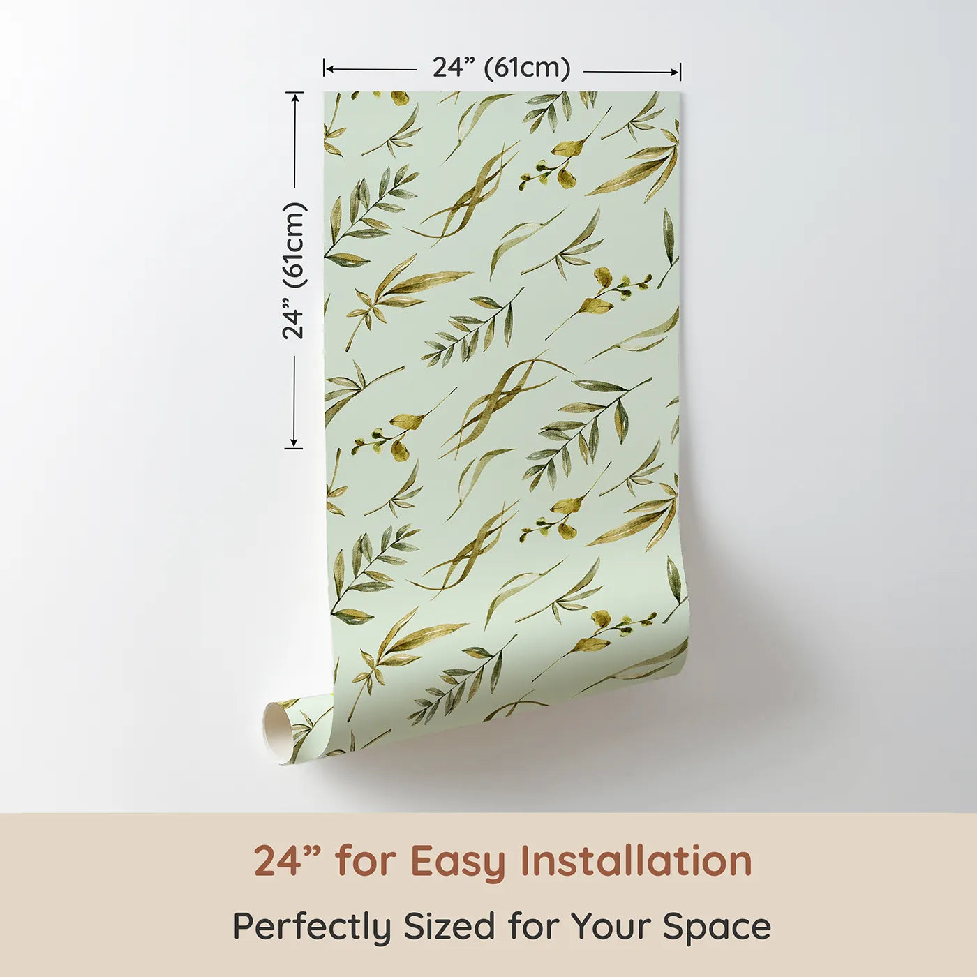 Dimension view of Whimsy Tots Botanical Breeze Wallpaper in Mint Green (W3361D). Printed in 24-inch-wide panel for easy installation. Watercolor leaves sway gently on a cool minty sky.