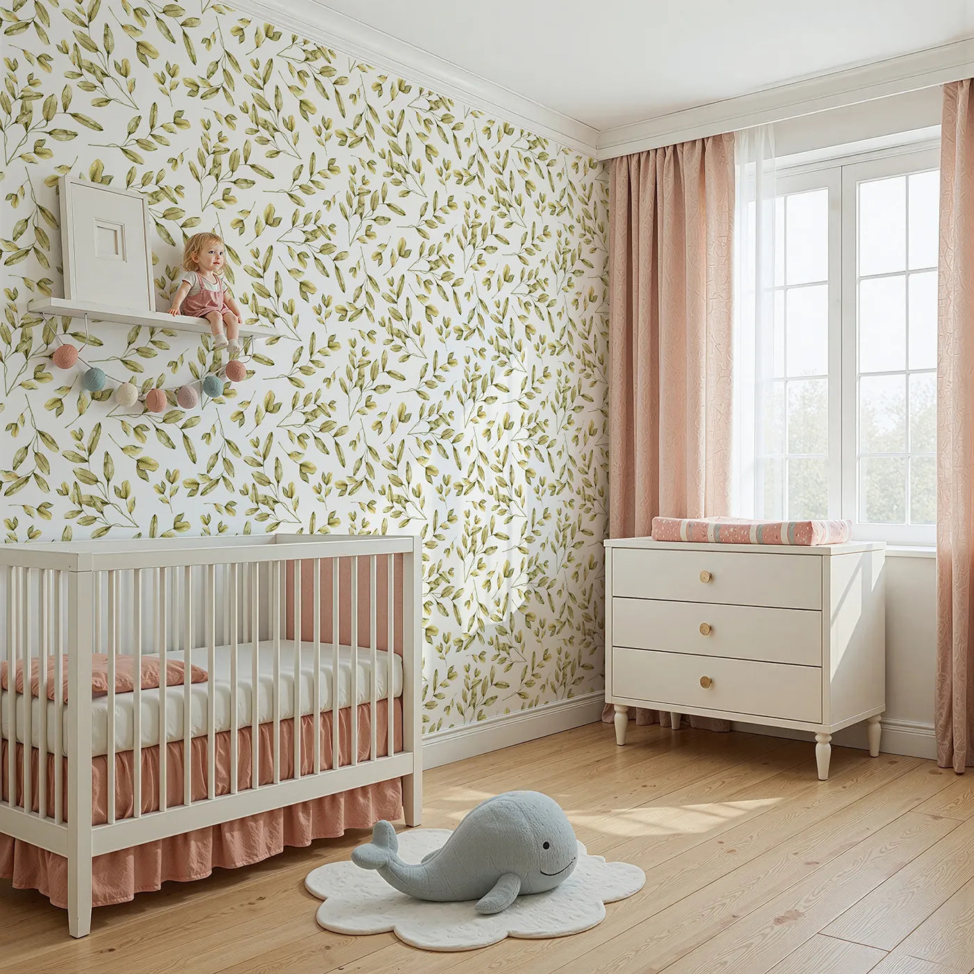 Angled view of Whimsy Tots' Golden Olive Garden Wallpaper in White (W3362A).Soft golden leaves dance lightly on clean white skies.