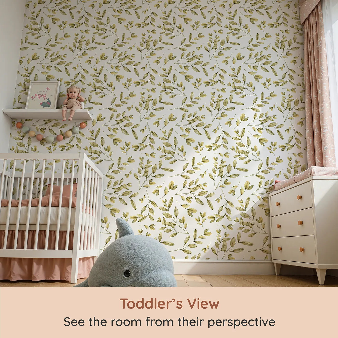Whimsy Tots Golden Olive Garden Wallpaper in White (W3362A) from your child's view.Soft golden leaves dance lightly on clean white skies.