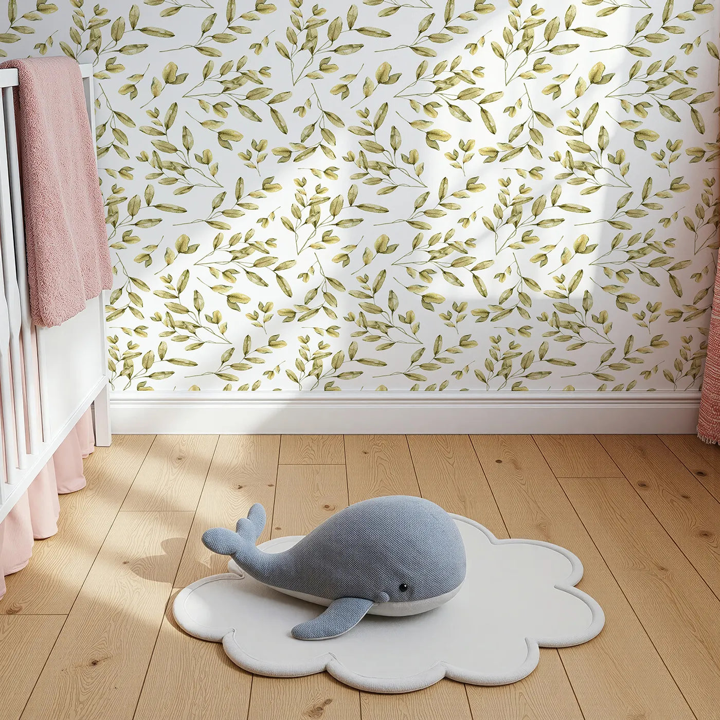 Top-Down view of Whimsy Tots' Golden Olive Garden Wallpaper in White (W3362A).Soft golden leaves dance lightly on clean white skies.