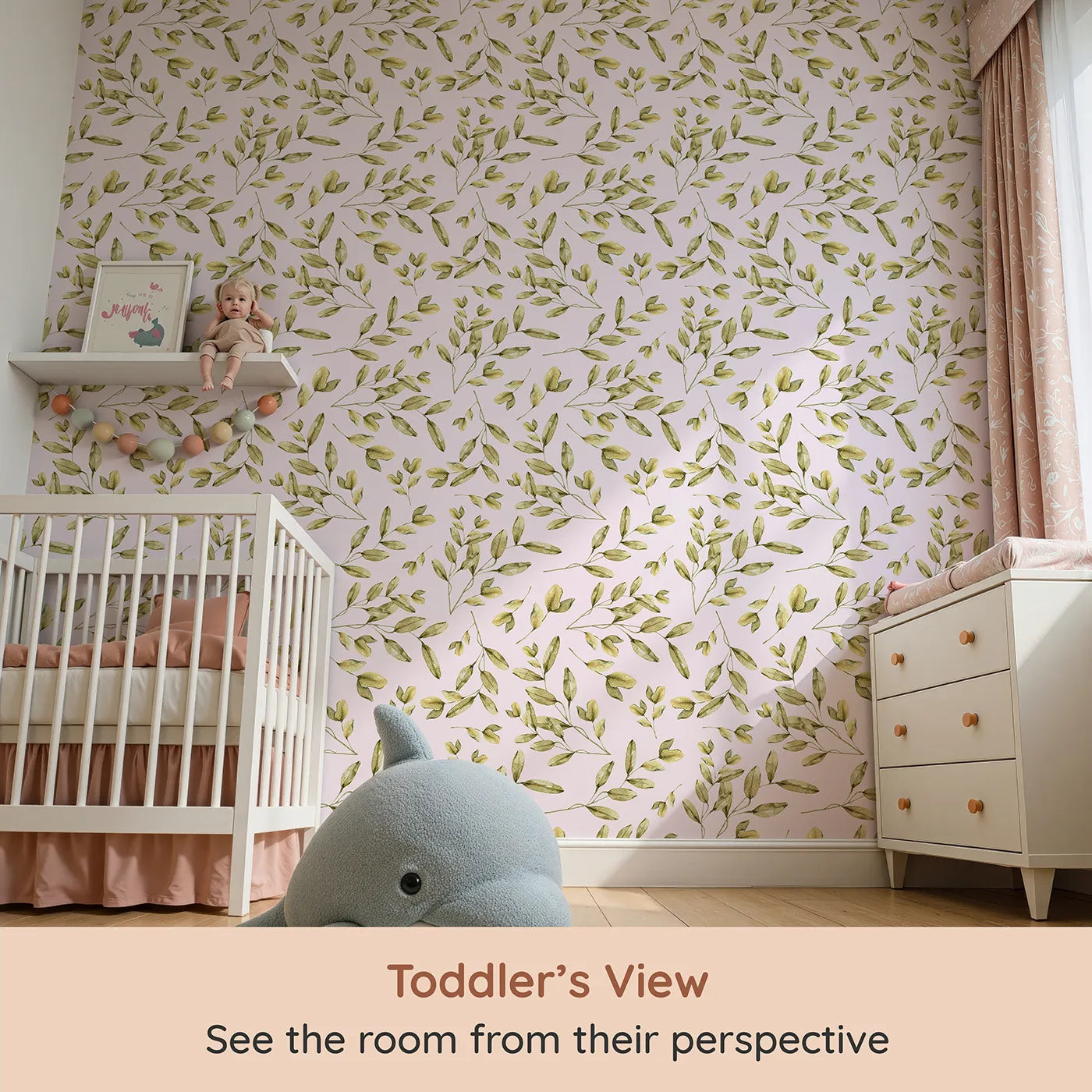Whimsy Tots Golden Olive Garden Wallpaper in Blush (W3362B) from your child's view.Olive branches sway softly across a sweet blush sky.