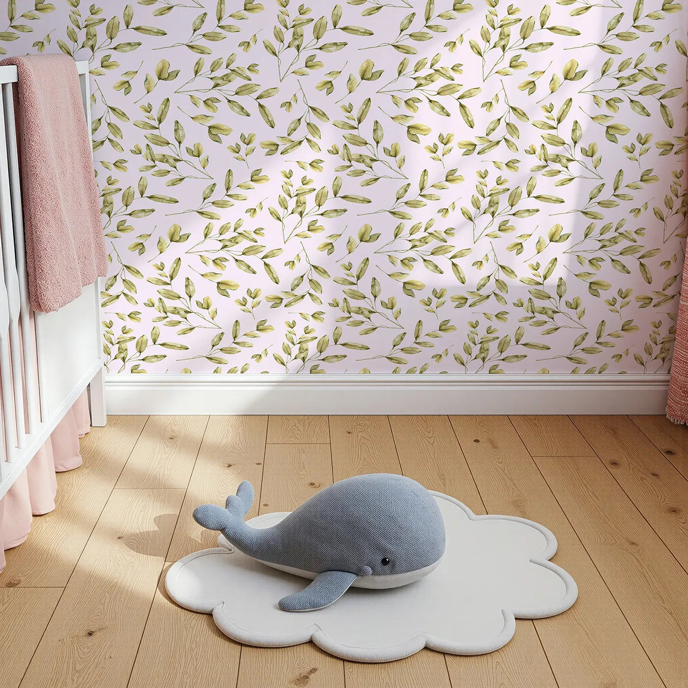 Top-Down view of Whimsy Tots' Golden Olive Garden Wallpaper in Blush (W3362B).Olive branches sway softly across a sweet blush sky.