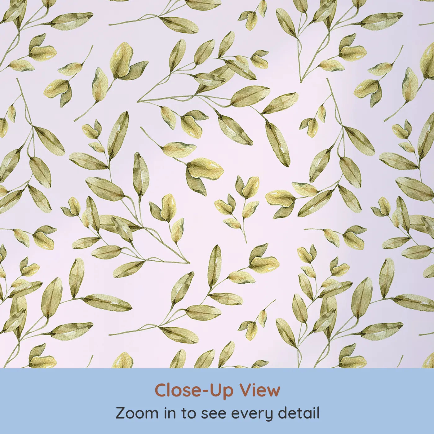 Close-up view of Whimsy Tots' Golden Olive Garden Wallpaper in Blush (W3362B).Olive branches sway softly across a sweet blush sky.