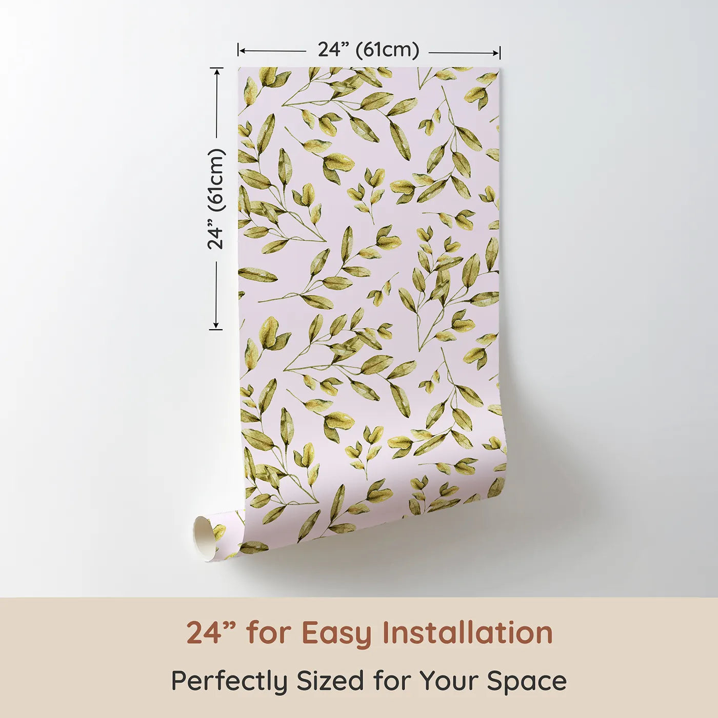 Dimension view of Whimsy Tots Golden Olive Garden Wallpaper in Blush (W3362B). Printed in 24-inch-wide panel for easy installation. Olive branches sway softly across a sweet blush sky.