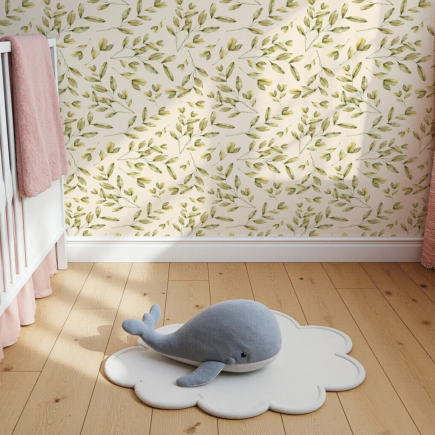 Top-Down view of Whimsy Tots' Golden Olive Garden Wallpaper in Cream (W3362C).Watercolor olive branches rest gently on warm cream skies.