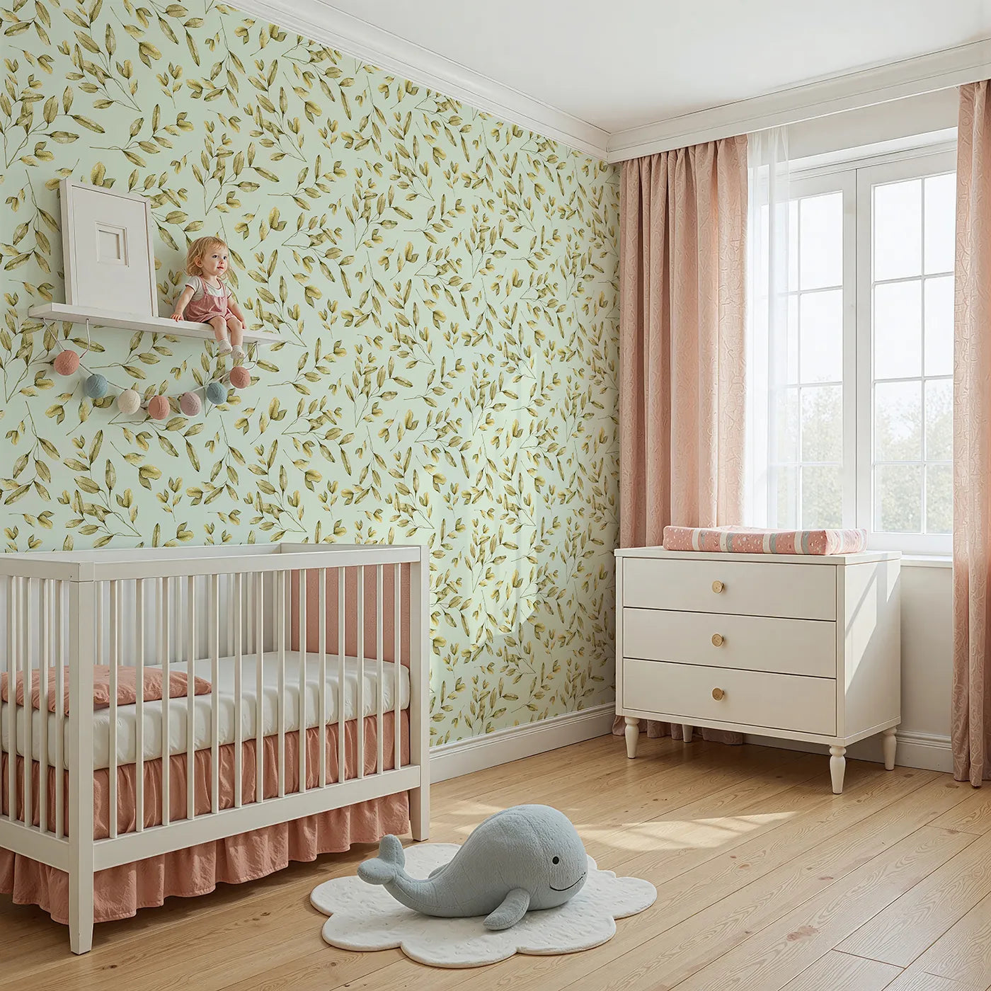 Angled view of Whimsy Tots' Golden Olive Garden Wallpaper in Mint (W3362D).Watercolor olive branches float across a soft mint sky.