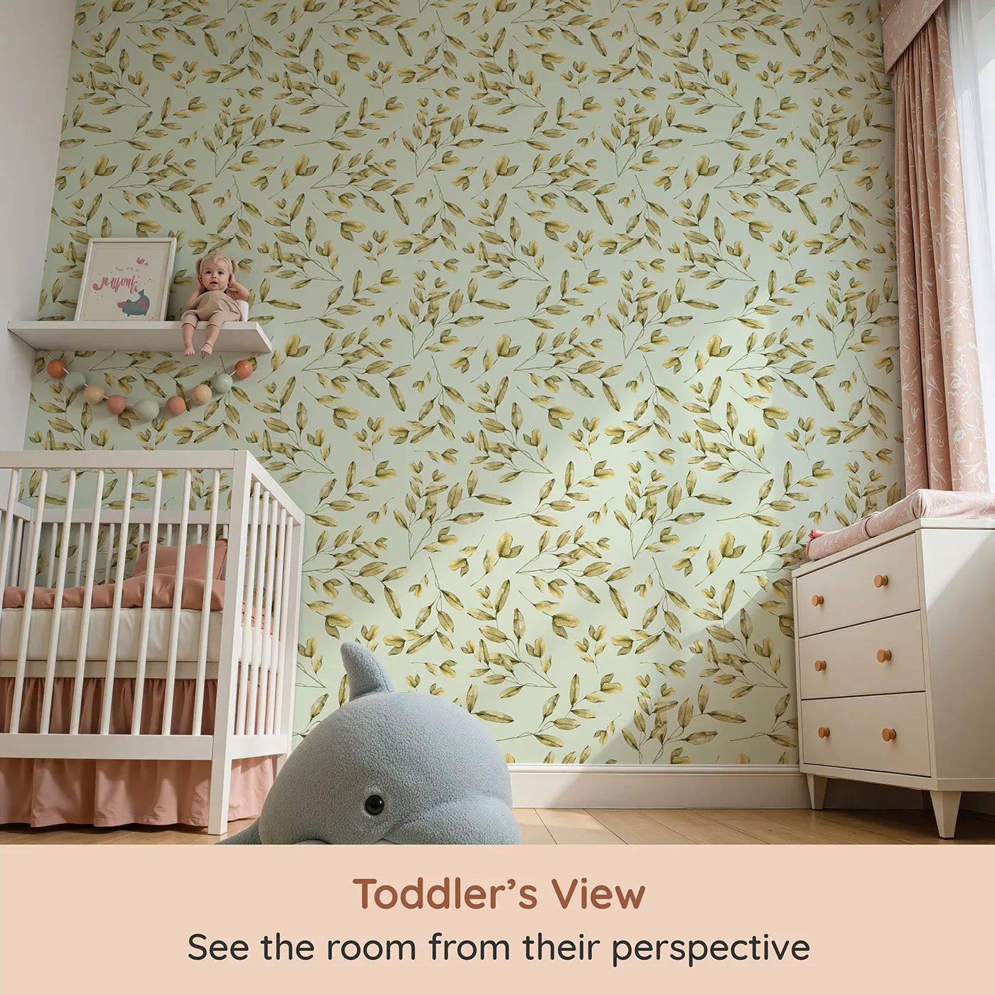 Whimsy Tots Golden Olive Garden Wallpaper in Mint (W3362D) from your child's view.Watercolor olive branches float across a soft mint sky.