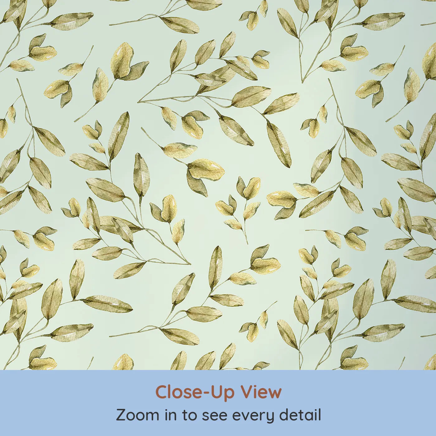 Close-up view of Whimsy Tots' Golden Olive Garden Wallpaper in Mint (W3362D).Watercolor olive branches float across a soft mint sky.