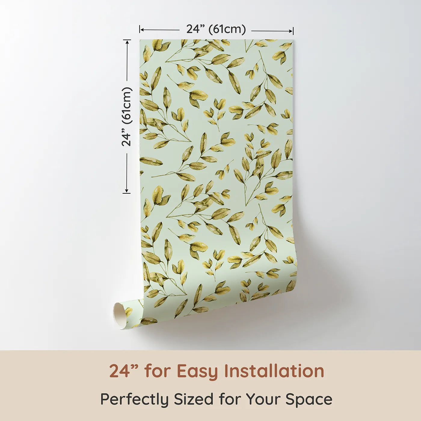 Dimension view of Whimsy Tots Golden Olive Garden Wallpaper in Mint (W3362D). Printed in 24-inch-wide panel for easy installation. Watercolor olive branches float across a soft mint sky.