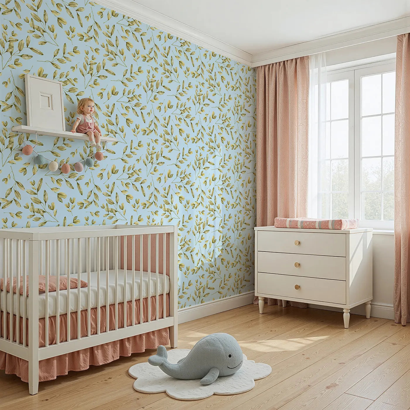 Angled view of Whimsy Tots' Golden Olive Garden Wallpaper in Sky (W3362E).Olive sprigs drift softly across a pale blue breeze.