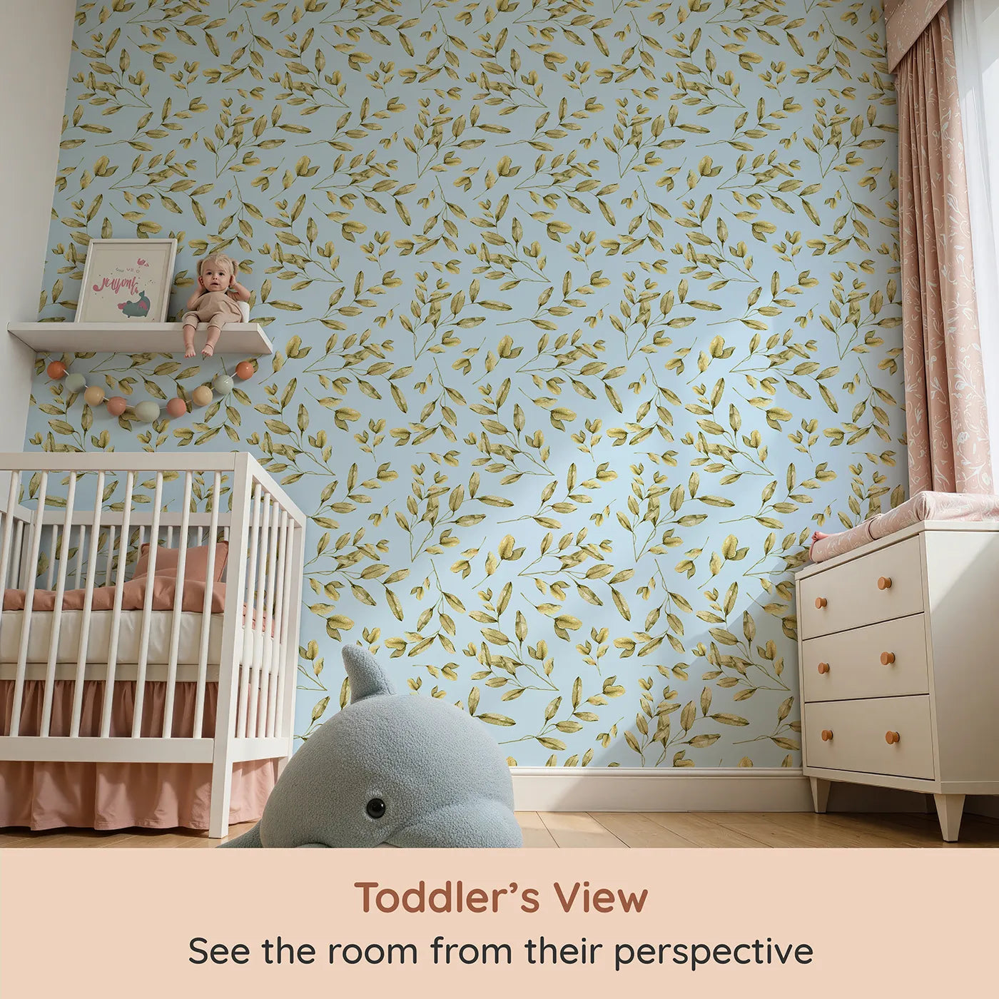Whimsy Tots Golden Olive Garden Wallpaper in Sky (W3362E) from your child's view.Olive sprigs drift softly across a pale blue breeze.