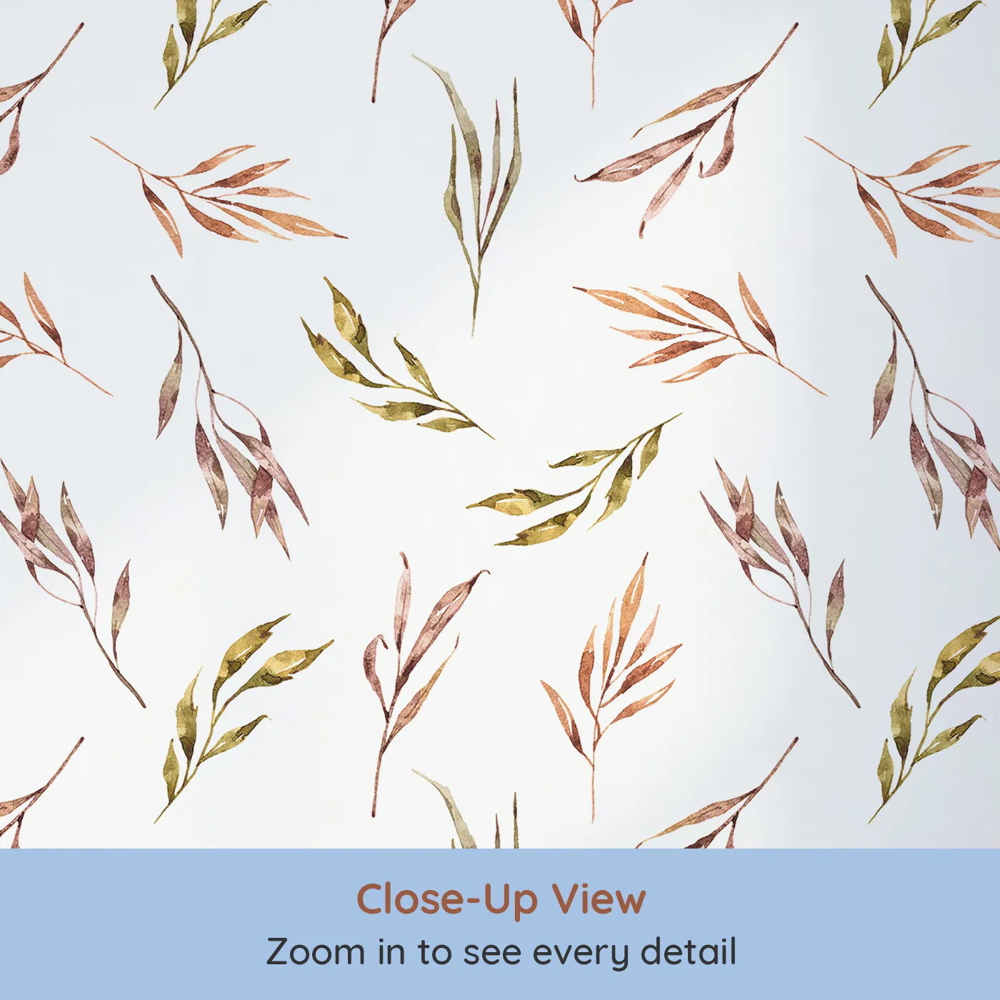 Close-up view of Whimsy Tots' Sunset Meadow Breeze Wallpaper in White (W3363A).Golden, russet, and blush leaves float gently on white skies.