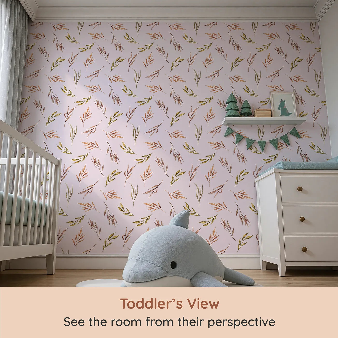 Whimsy Tots Sunset Meadow Breeze Wallpaper in Blush Pink (W3363B) from your child's view.Watercolor leaves swirl softly on a gentle pink breeze.