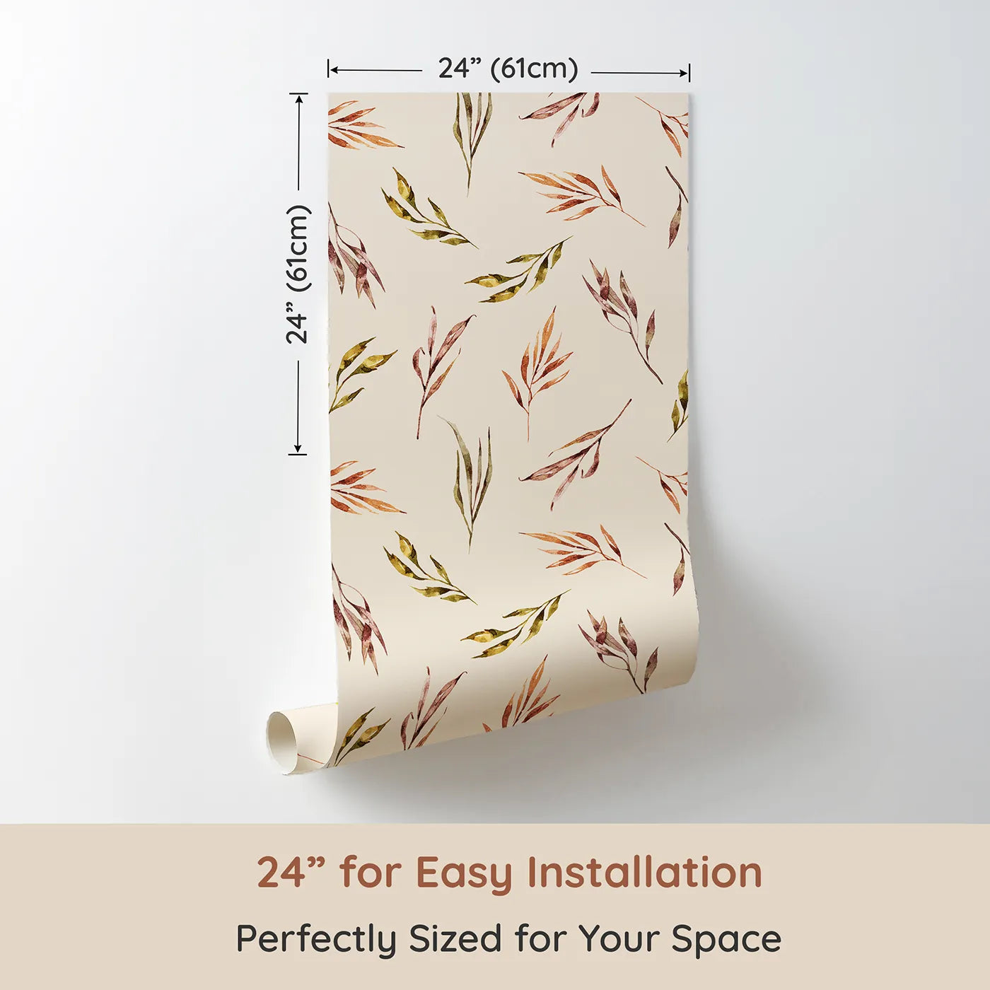 Dimension view of Whimsy Tots Sunset Meadow Breeze Wallpaper in Cream (W3363C). Printed in 24-inch-wide panel for easy installation. Watercolor stems drift across soft cream skies with golden calm.