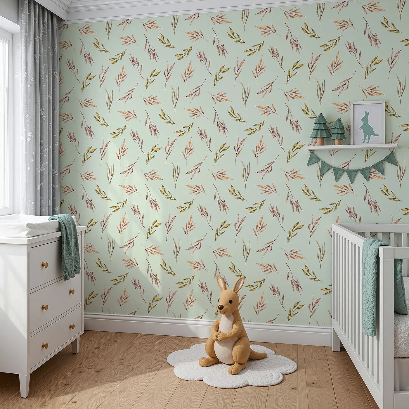 Angled view of Whimsy Tots' Sunset Meadow Breeze Wallpaper in Mint Green (W3363D).Warm watercolor leaves float gently on minty skies.