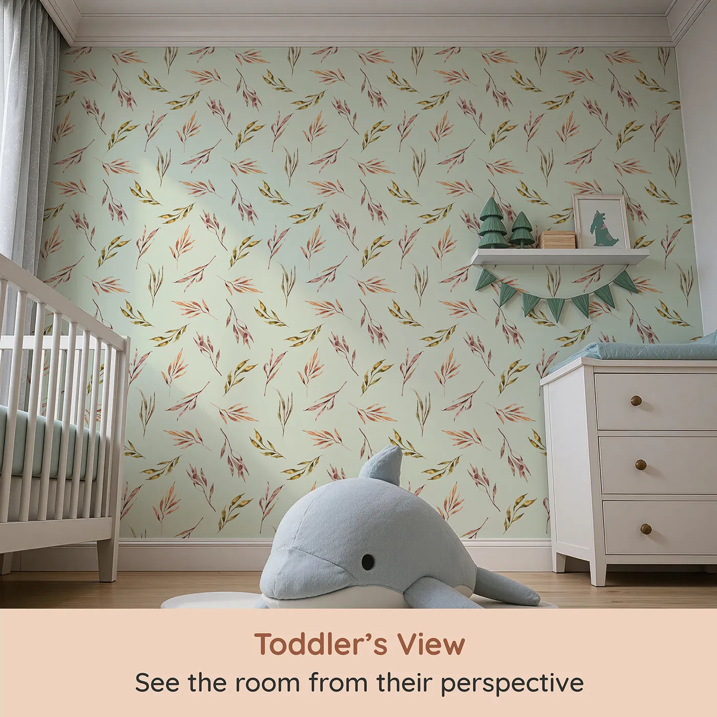 Whimsy Tots Sunset Meadow Breeze Wallpaper in Mint Green (W3363D) from your child's view.Warm watercolor leaves float gently on minty skies.