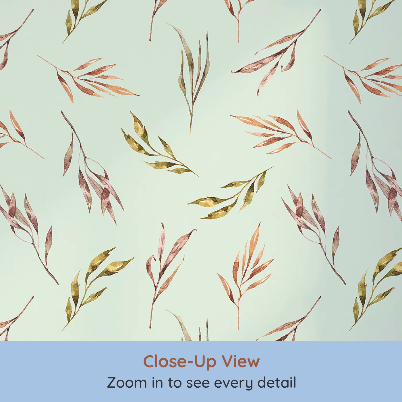 Close-up view of Whimsy Tots' Sunset Meadow Breeze Wallpaper in Mint Green (W3363D).Warm watercolor leaves float gently on minty skies.