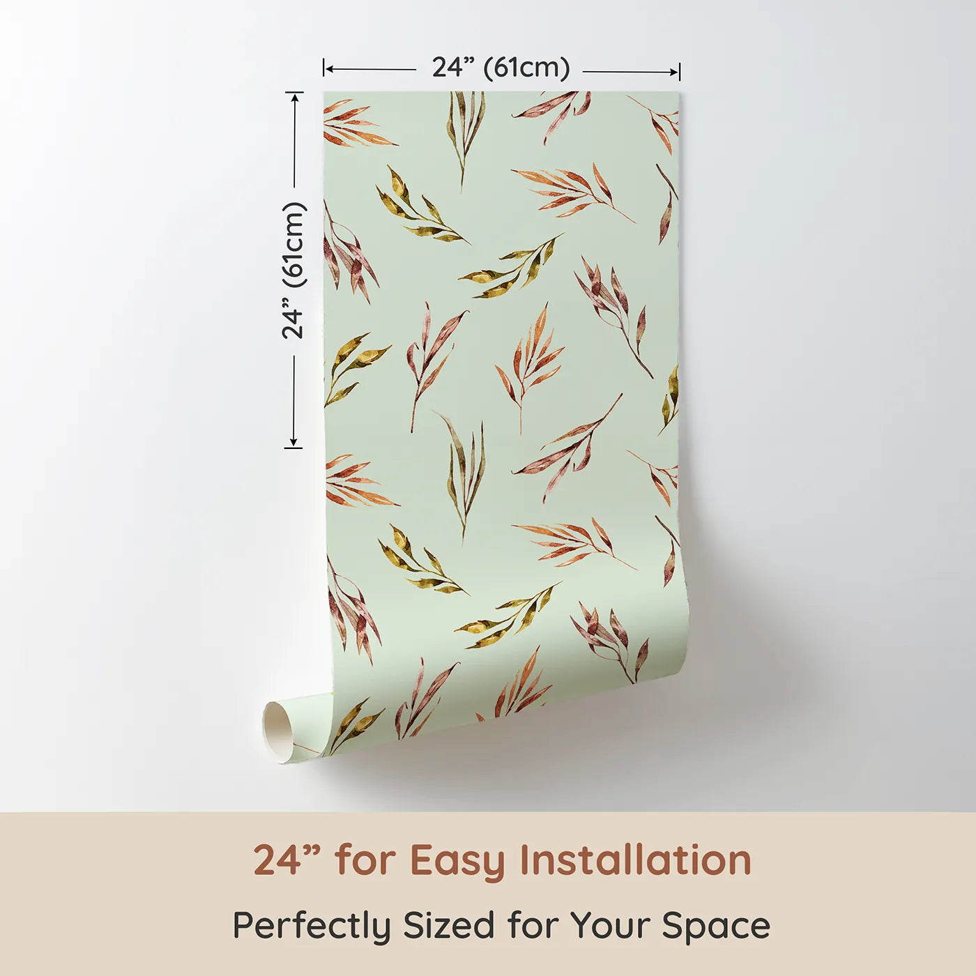 Dimension view of Whimsy Tots Sunset Meadow Breeze Wallpaper in Mint Green (W3363D). Printed in 24-inch-wide panel for easy installation. Warm watercolor leaves float gently on minty skies.