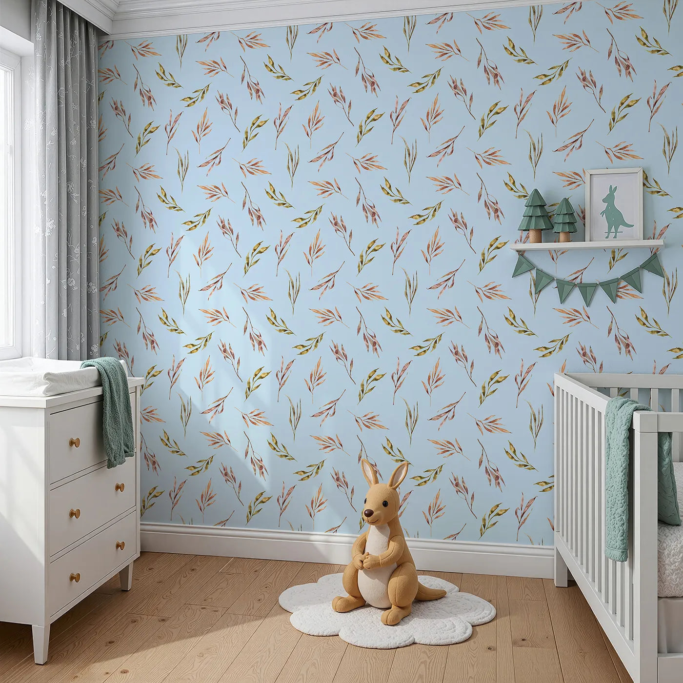 Angled view of Whimsy Tots' Sunset Meadow Breeze Wallpaper in Sky (W3363E).Warm watercolor stems flutter softly on sky-blue skies.