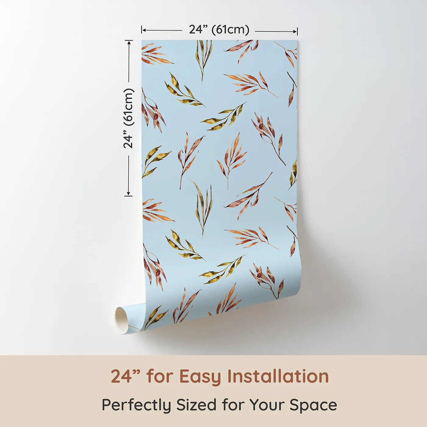 Dimension view of Whimsy Tots Sunset Meadow Breeze Wallpaper in Sky (W3363E). Printed in 24-inch-wide panel for easy installation. Warm watercolor stems flutter softly on sky-blue skies.