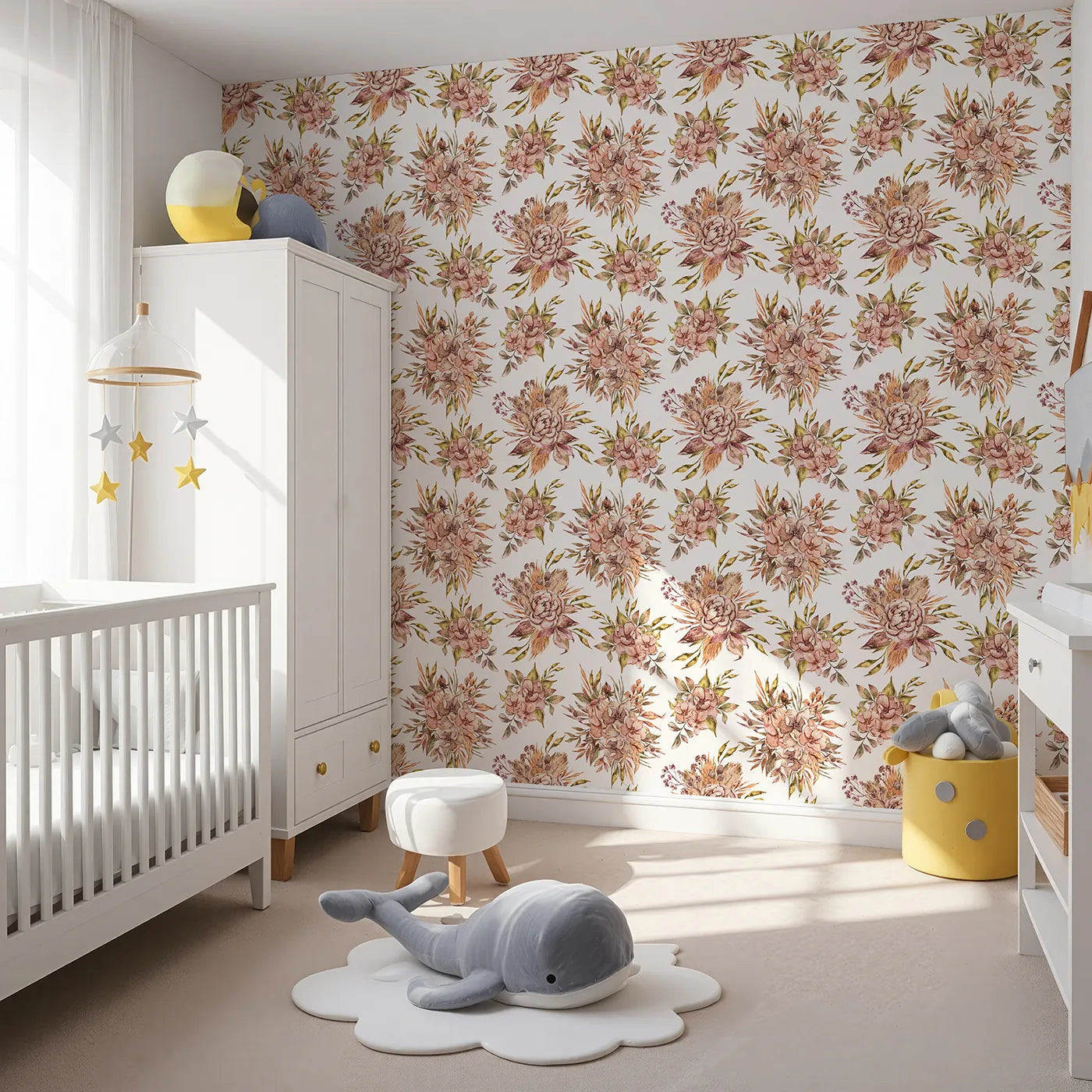Angled view of Whimsy Tots' Autumn Bloom Harmony Wallpaper in White (W3364A).Watercolor florals blossom in soft autumn tones across crisp white skies.