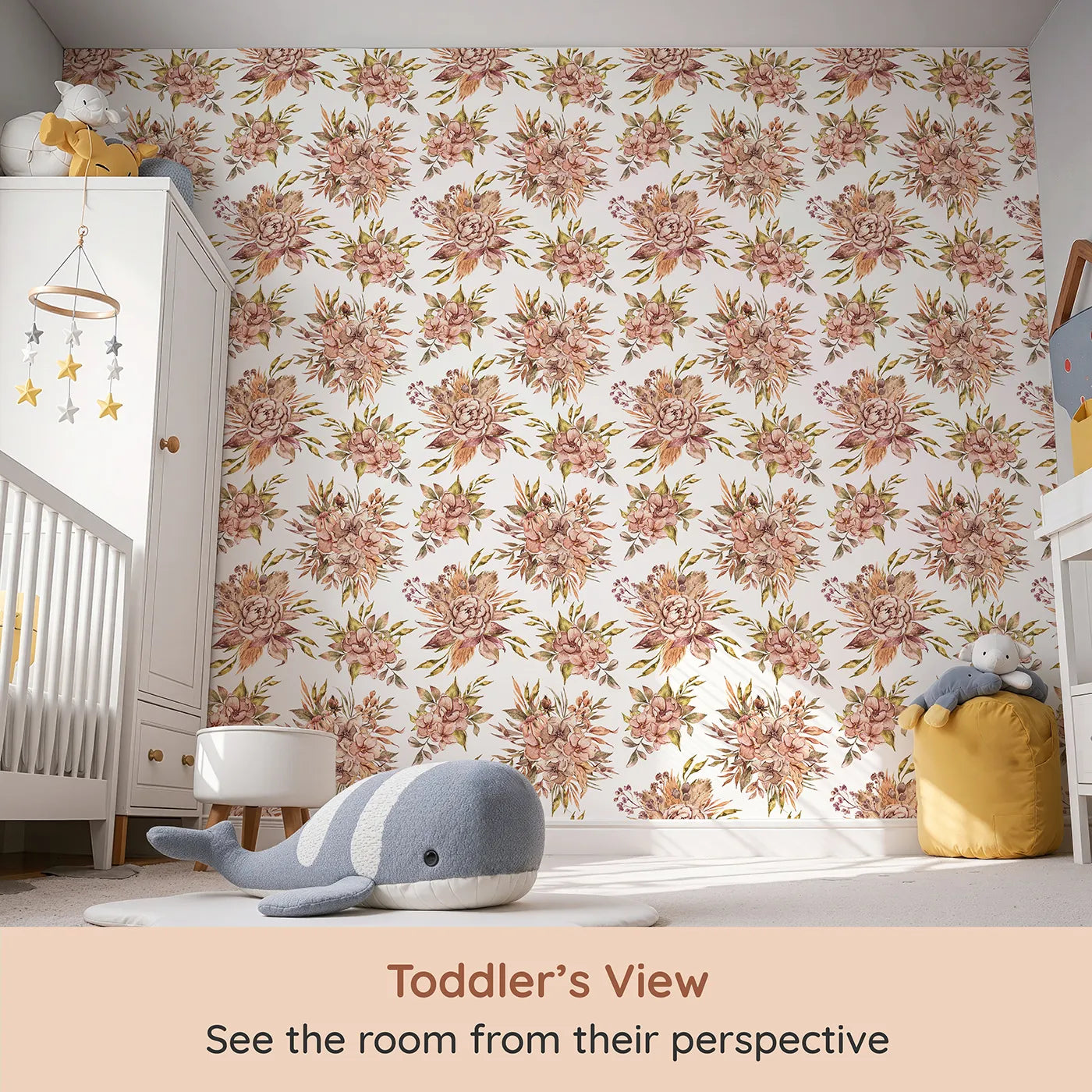 Whimsy Tots Autumn Bloom Harmony Wallpaper in White (W3364A) from your child's view.Watercolor florals blossom in soft autumn tones across crisp white skies.