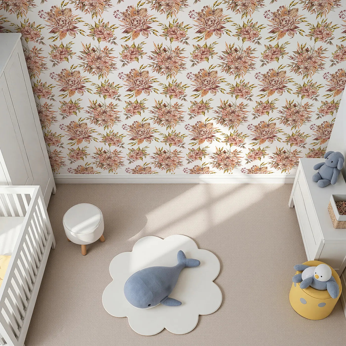 Top-Down view of Whimsy Tots' Autumn Bloom Harmony Wallpaper in White (W3364A).Watercolor florals blossom in soft autumn tones across crisp white skies.